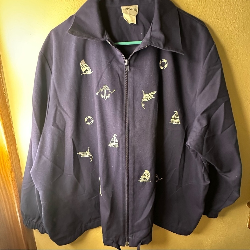 Womens Bon Worth large petite nautical theme zip up jacket sailboat/anchor